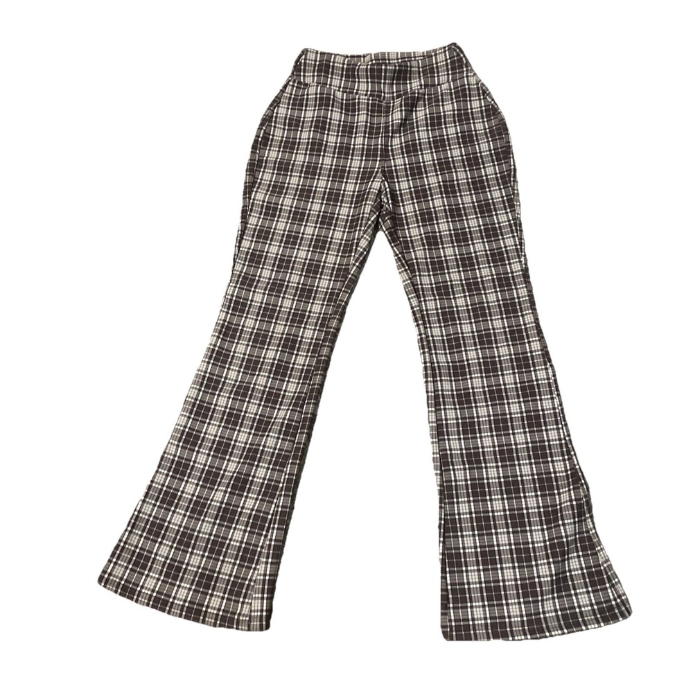 Indero‎ Scuba Pants Womens Large/XL Brown Black Plaid Stretch Pull On Bootcut